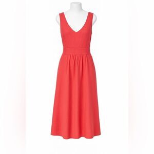 Joie 100% Linen Red Coral Midi Dress V-Neck Sleeveless Smocked Waist Pocket Sz 6